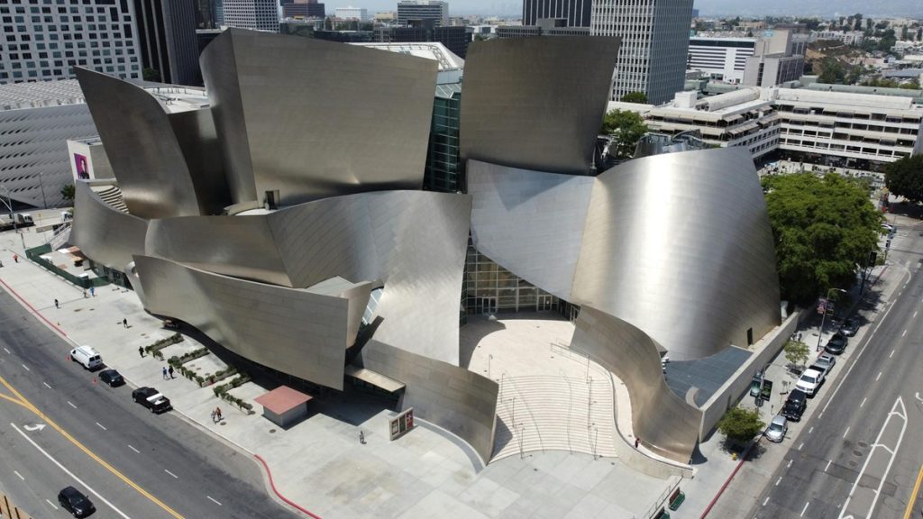 Architectural steel plates forming the curved exterior of the Walt Disney Concert Hall.